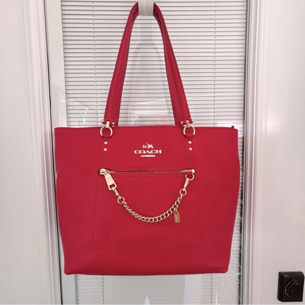 Coach Red Leather Tote Bag with Gold Chain Accent